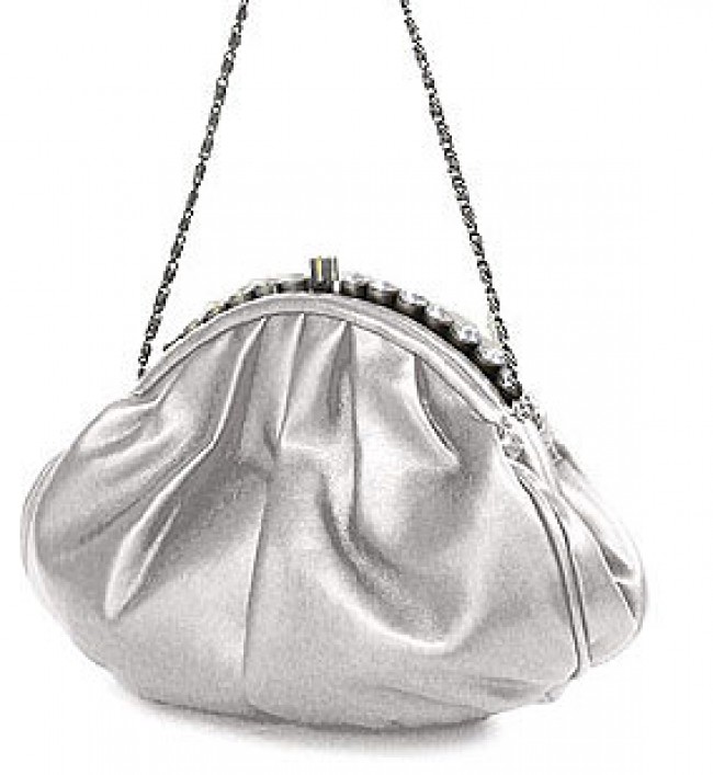 Evening Bag - PU Leather w/ Glass Beads on Top – Silver – BG-43312SV